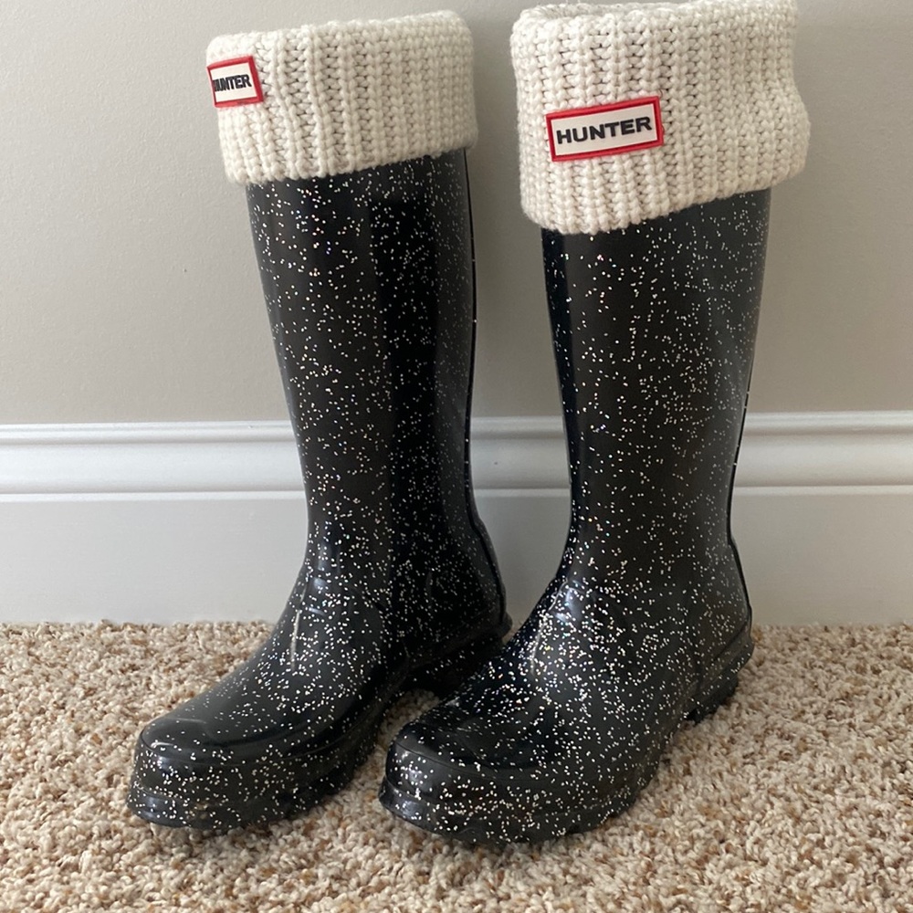 Hunter Boots Girls Size 4 Black Multi Glitter.